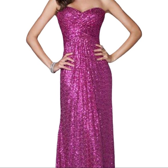 La Femme Strapless Sequin Gown Magenta Pink Cross Back Size 2 Prom Wedding Prom - Picture 2 of 13